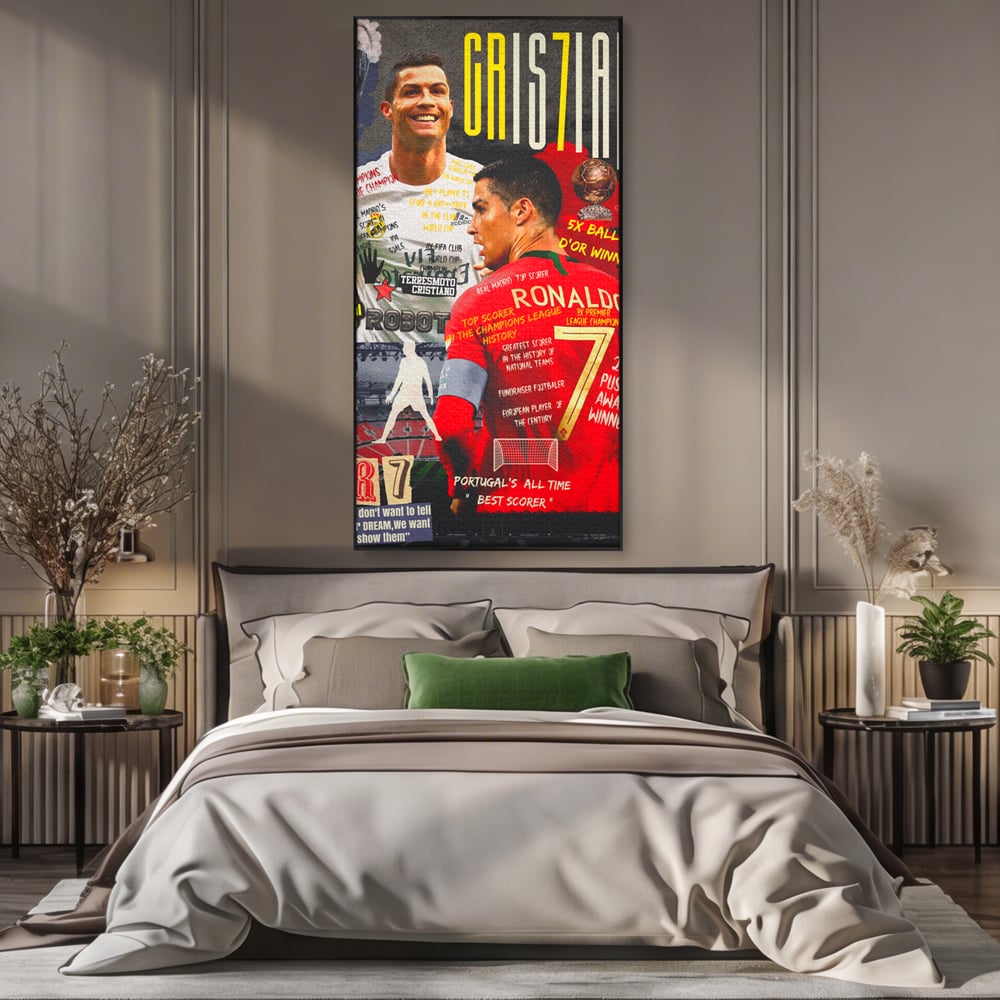 Tablou canvas cu tablou canvas cu cristiano ronaldo, in rama de aluminiu negru, pe perete intr-un dormitor